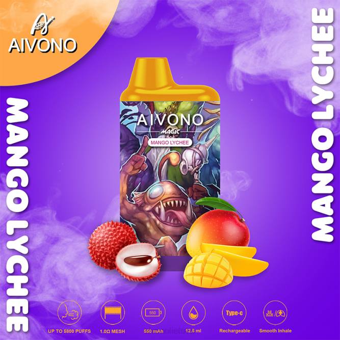 Aivono AIM MAGIC 5800 burnos dėžutės cigaretė mango ličiai - L68X98 Aivono Vape Review