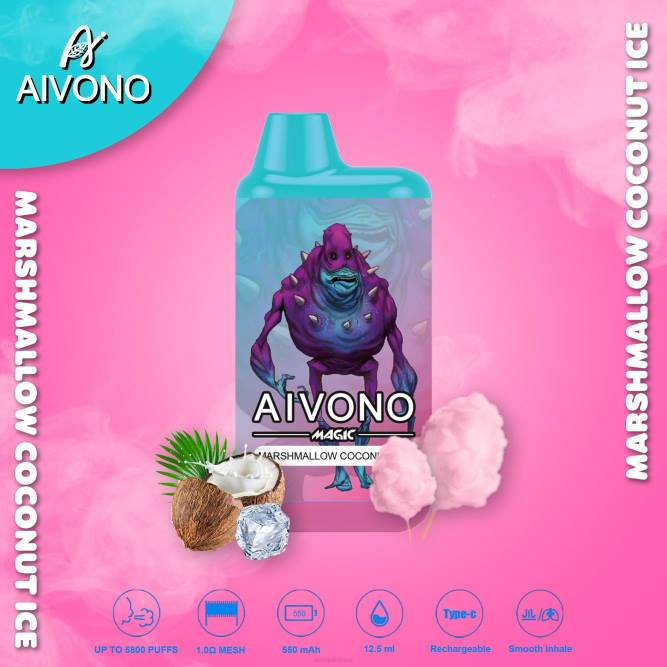 Aivono AIM MAGIC 5800 burnos dėžutės cigaretė zefyro kokoso ledas - L68X95 Aivono Vape Review