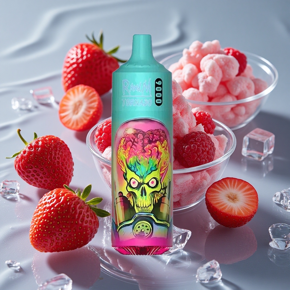 RandM Fumot Tornado 9000 Puffs Vienkartinis Vape Braškė Avietė Vyšnia Ledas