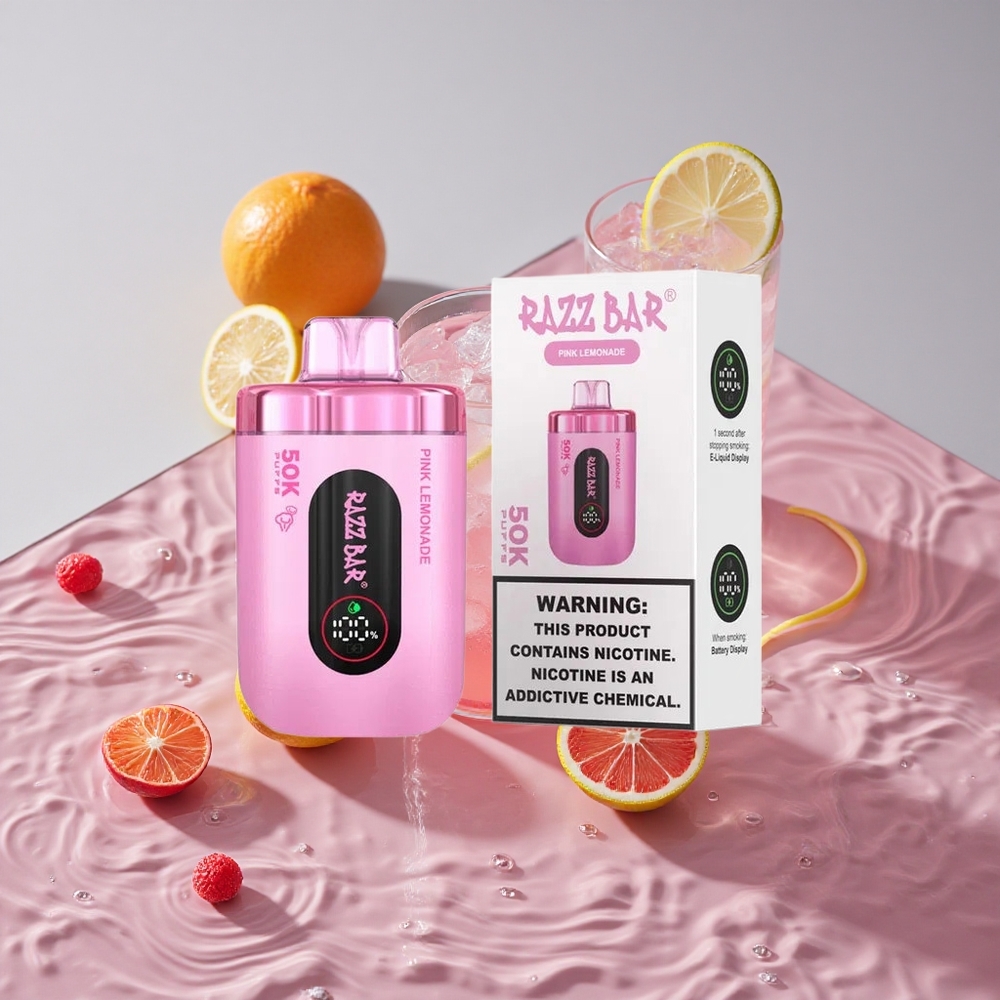 Razz Bar 50K Puffs Vienkartinis Vape 10 Omų Tinklelinė Apvija Pink Lemonade