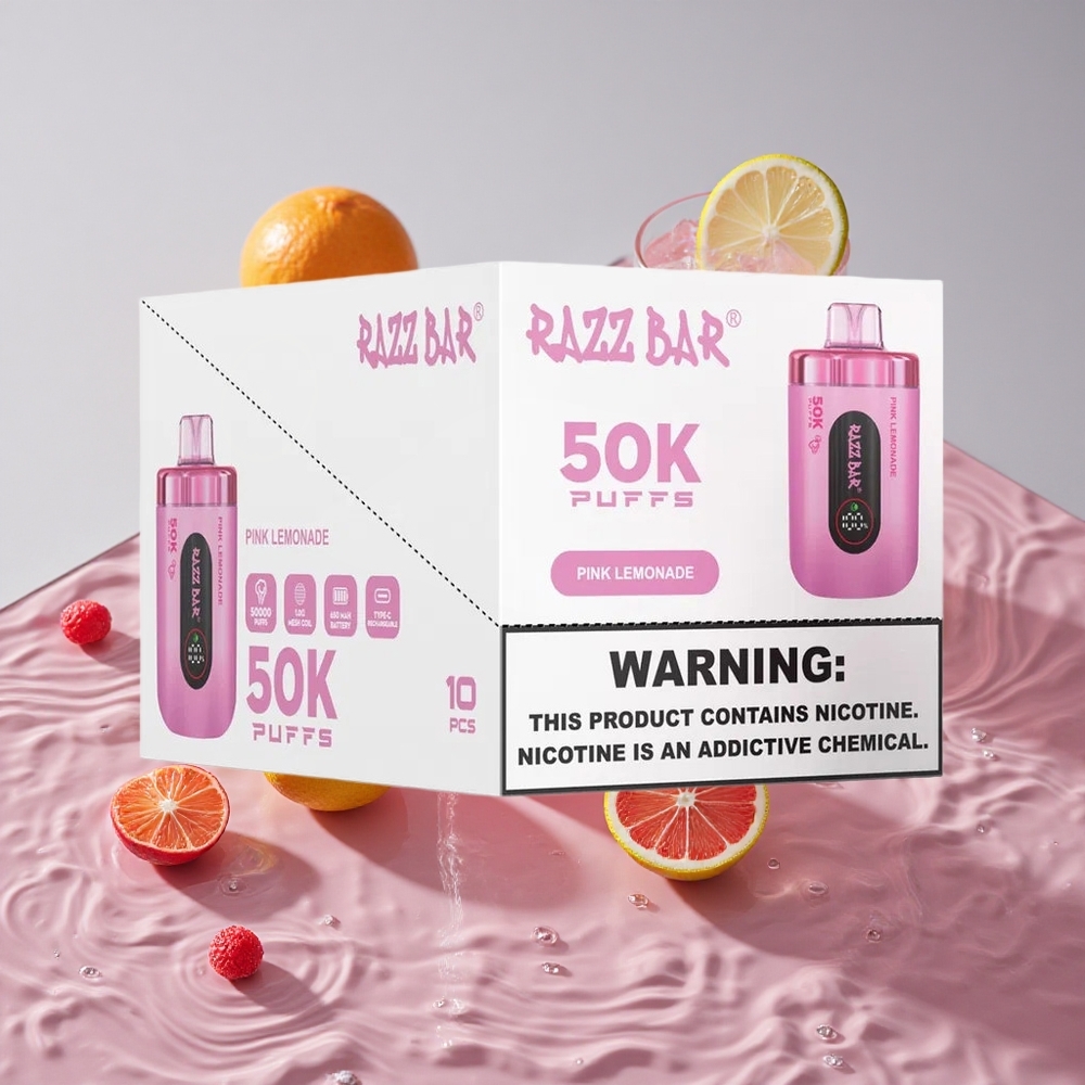 Razz Bar 50K Puffs Vienkartinis Vape 10 Omų Tinklelinė Apvija Pink Lemonade