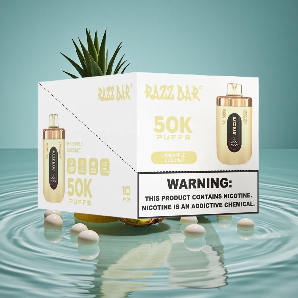 Razz Bar 50K Puffs Vienkartinis Vape Ananasas Kokosas su 10 Omų Tinklelinė Apvija