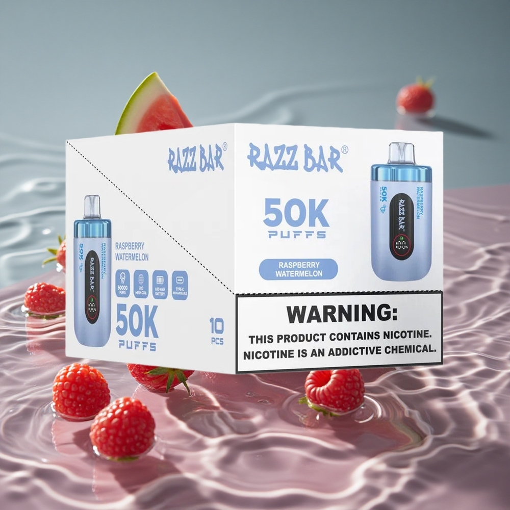 Razz Bar 50K Puffs Vienkartinis Vape Aviečių Arbūzas su 10 Omų Tinklelio Apvija